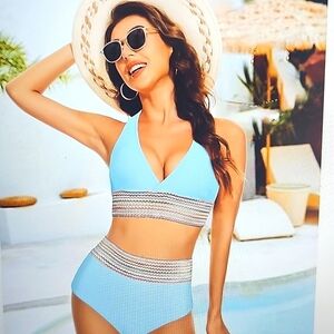 NWT Evolyline Colorblock High Waisted Scoop Neck Bikini 2 Piece Set Blue XL